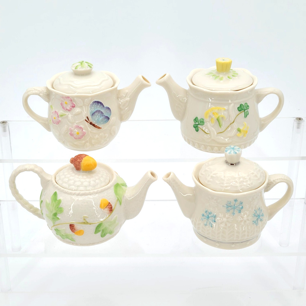 Belleek Ireland Mini Tea Pots "Four Seasons" Full Set Of 4 ~ Pristine Condition!